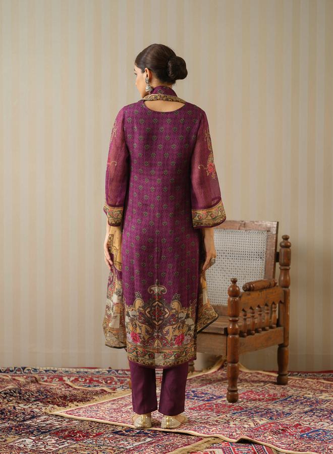 DW Printed Round Neck Straight Kurta and Trousers with Dupatta Set - Image 3
